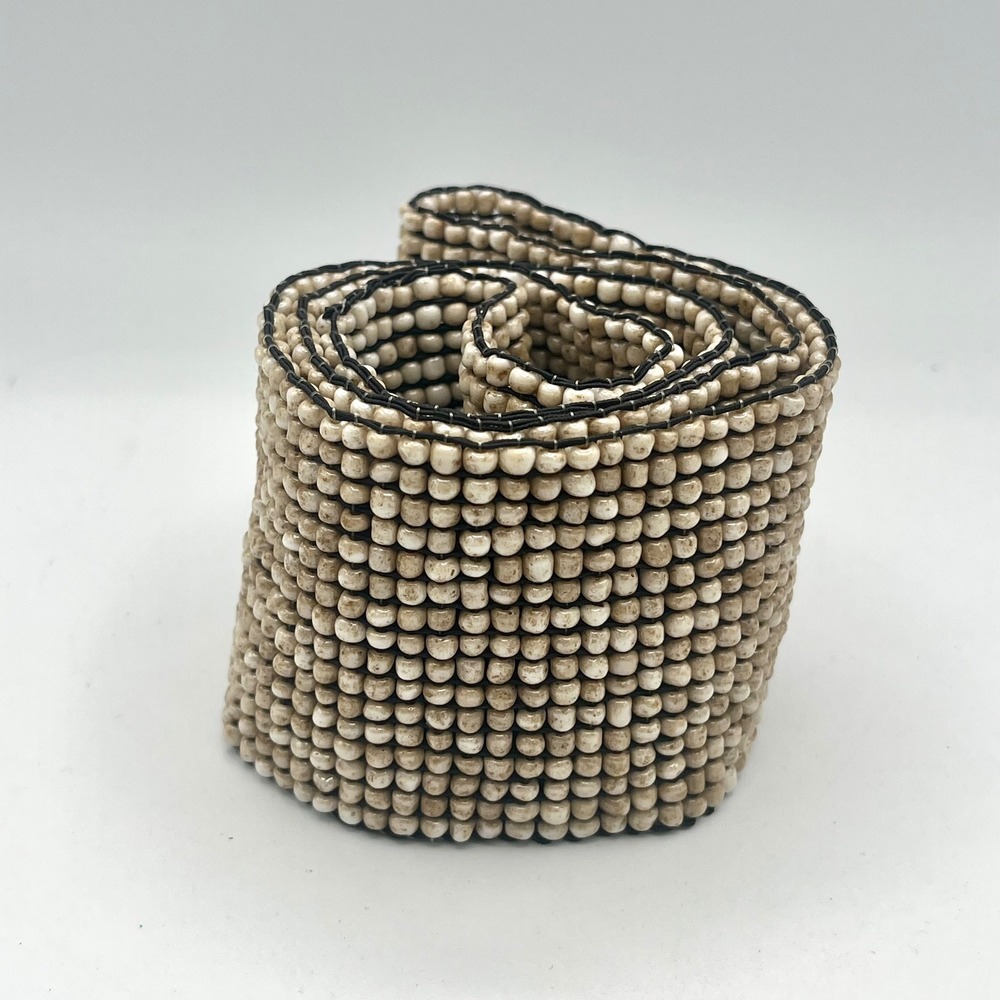 Anthropologie Cocobelle Beaded Belt Bohemian Earth Beige Cream 32" OS Stretch